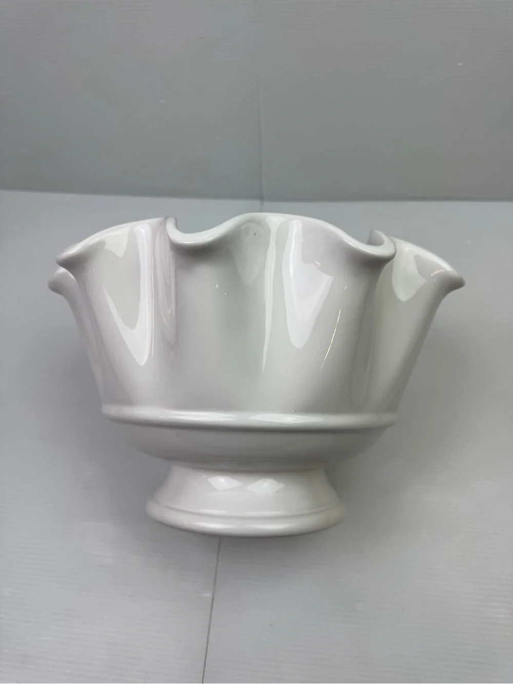 Pier 1 Imports Dolomite White Ruffled Fluted Pedestal Lg Bowl Coastal Cottage C